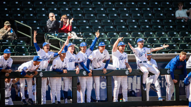 Kansas Baseball players celebrate during Game 3 of their series with the Valparaiso Beacons.